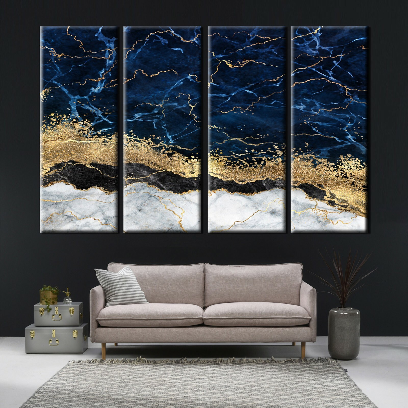 Blue Gold Marble Canvas , Luxury Wall Art, Abstract Wall Decor, Navy Blue Canvas