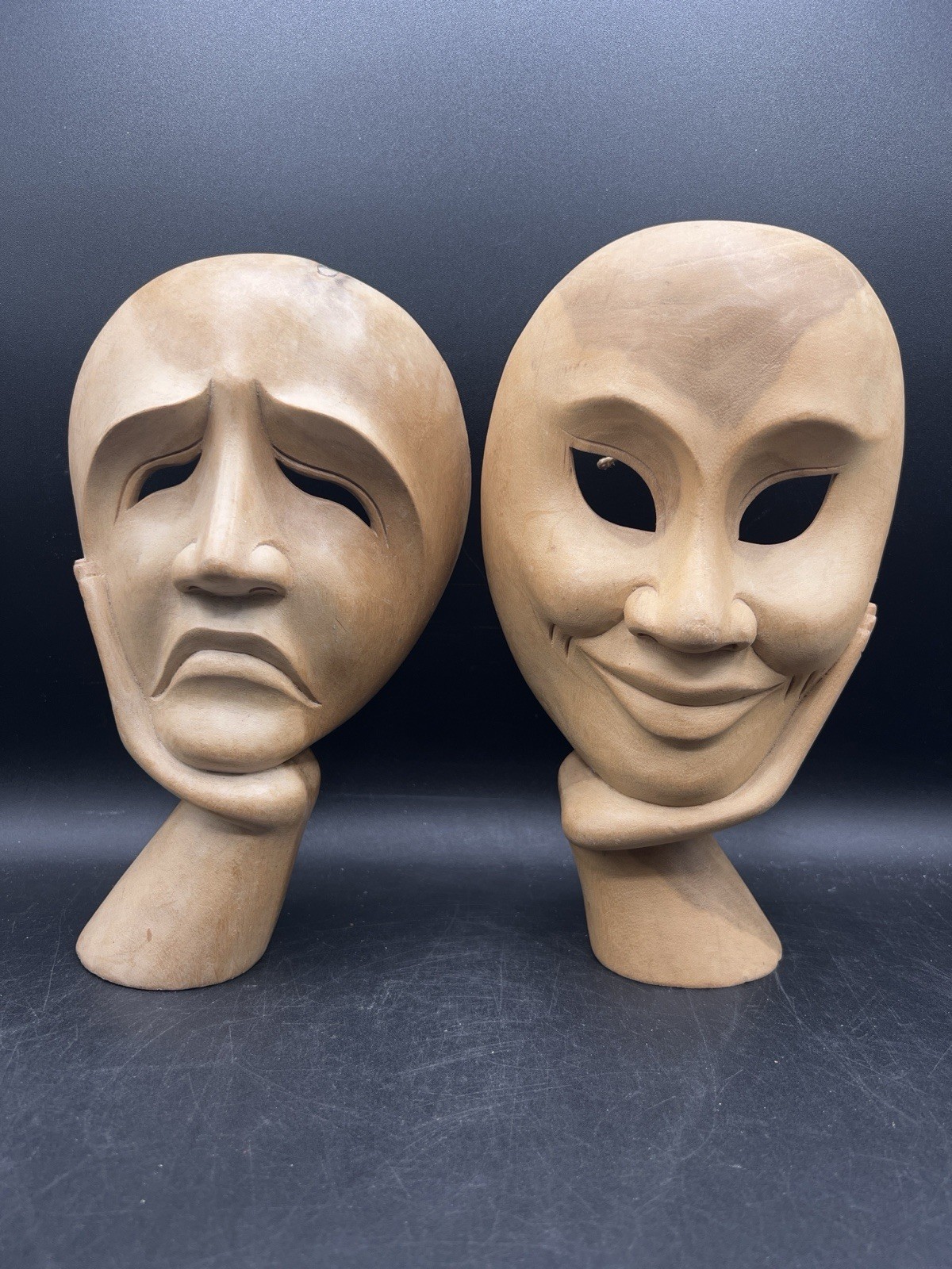 Vintage Hand Carved Wood Theater Masks Comedy Tragedy Wall Art Decor Set