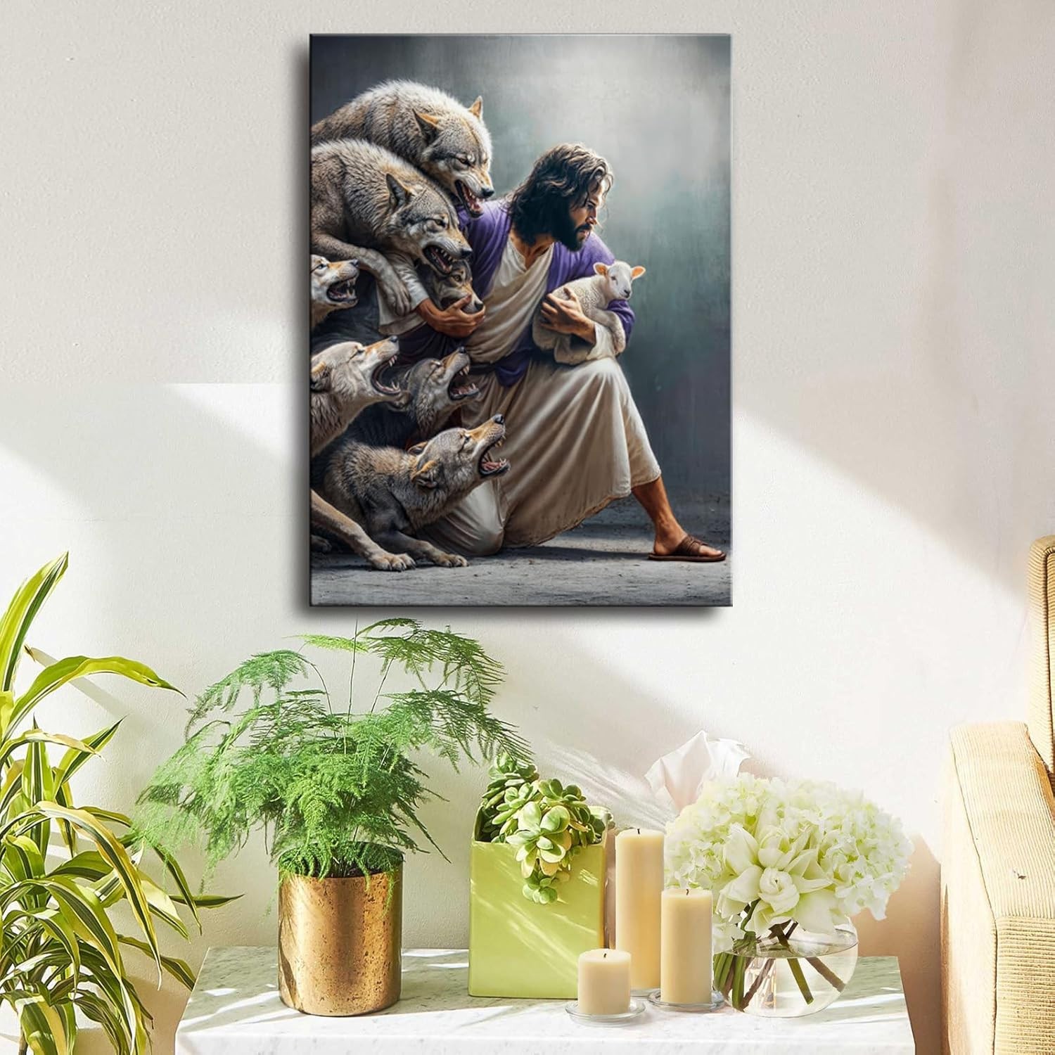 Christian Canvas Wall Art Jesus Guardian Shepherd Protecting Lamb from Wolves