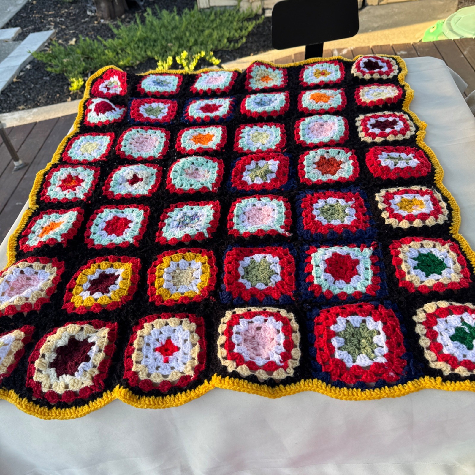 vintage Crochet Blanket 31×36″ Multicolor Granny Square Boho Cottagecore Retro