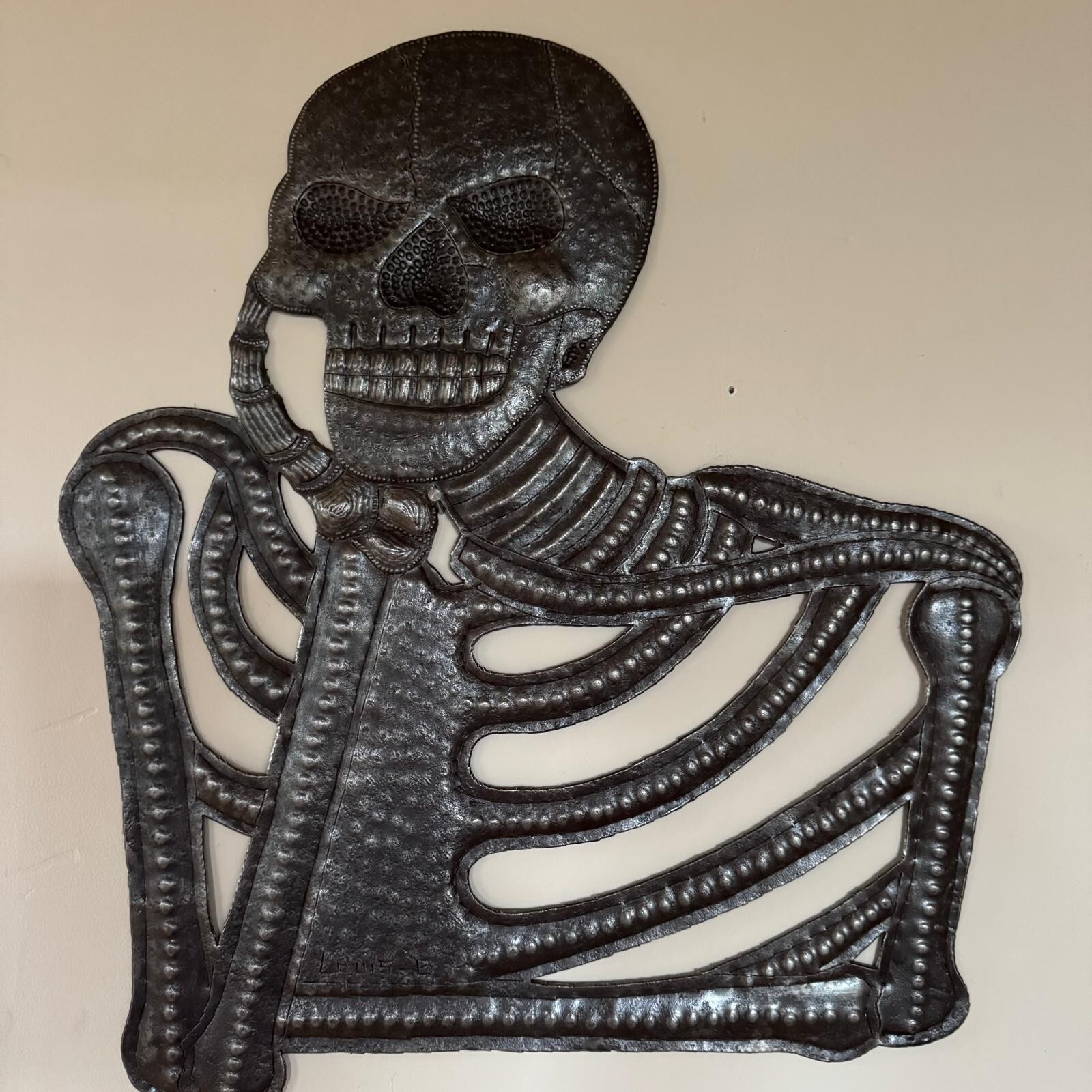 Pondering & Thinking Skeleton, Day of the Dead Handcrafted Haitian Metal Art