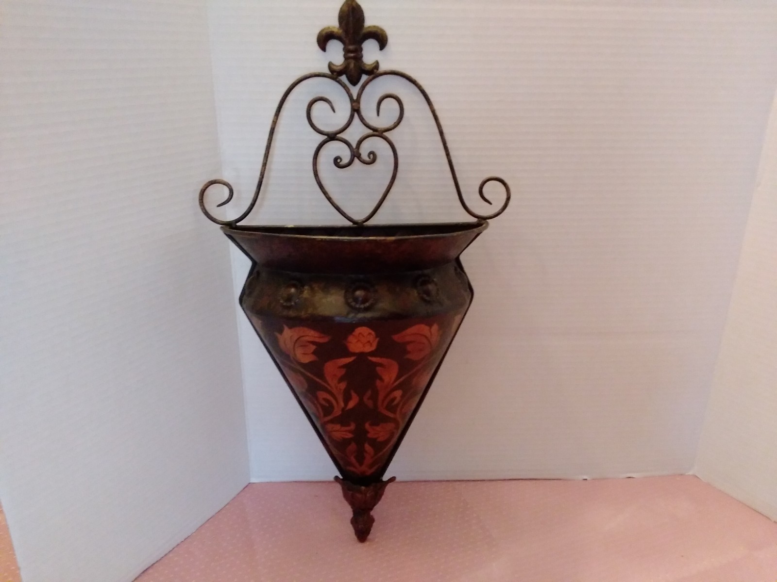 Wall Pocket Cone Raised Design Metal Bronze Color 20″ shabby chic Ornate