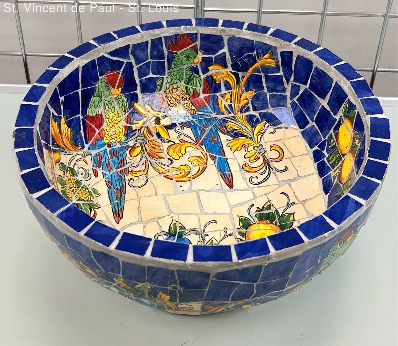 Blue Mosaic Ceramic Decorative Tile Pedestal Bowl Parrot Fruit Motif