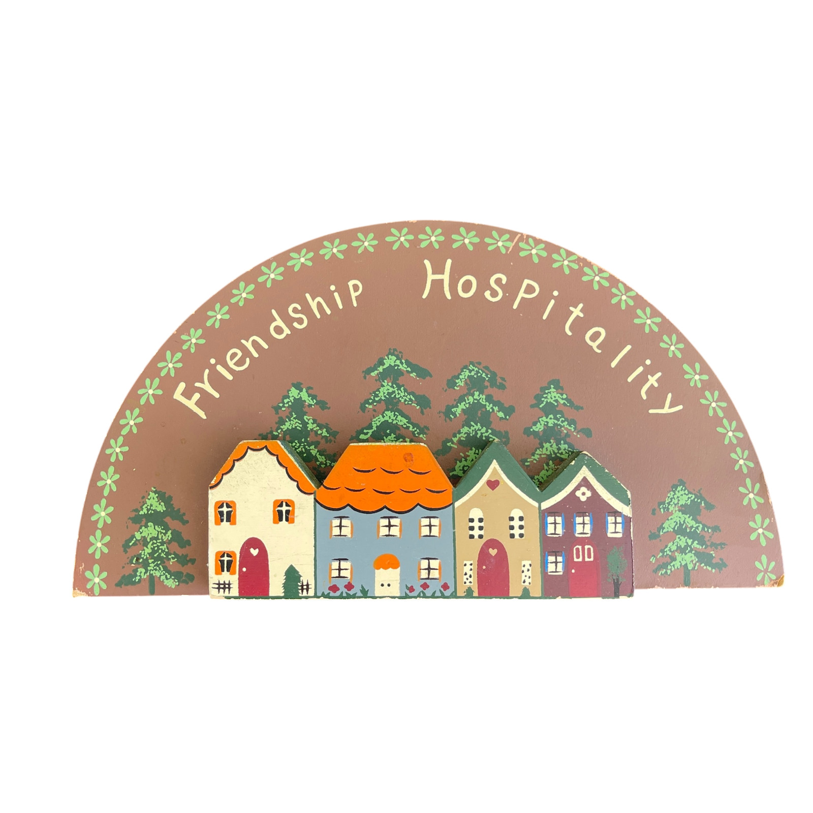 Vintage Friendship Hospitality Wooden Wall Plaque Folk Art Cottage Village Sign