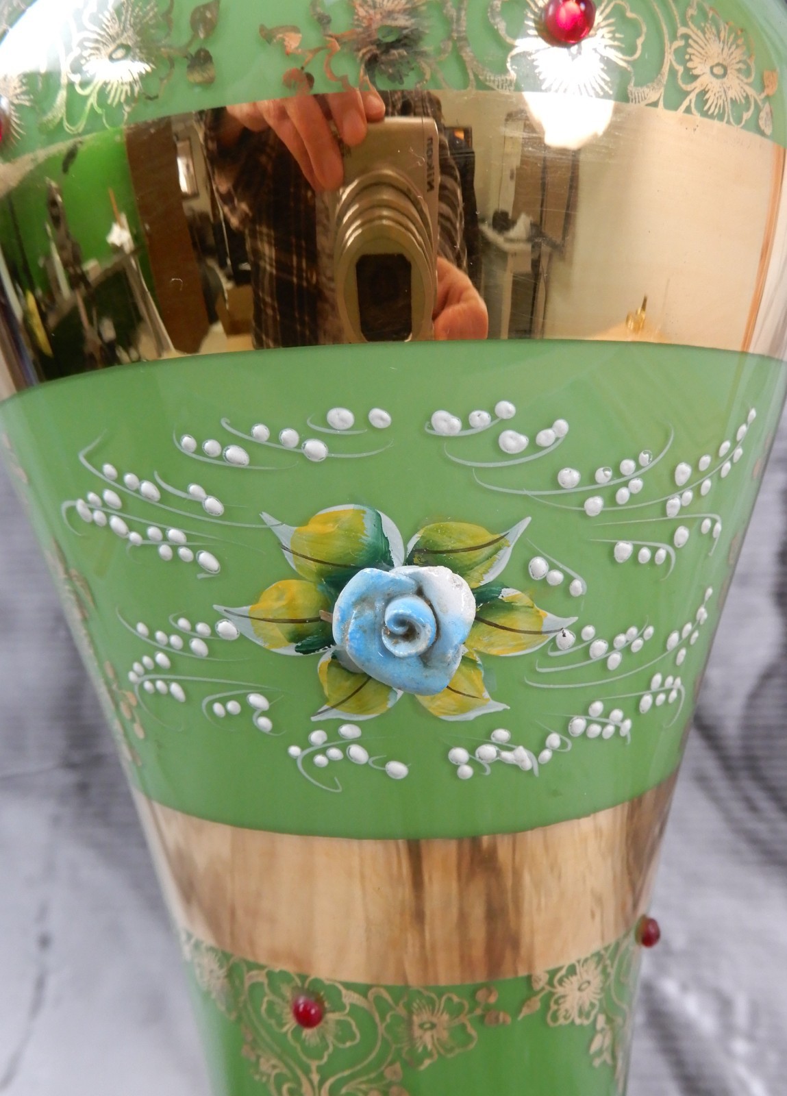 Antique Bohemian Green Glass Vase 16″ Tall Gold Gilt Red Cabochons Hand Painted