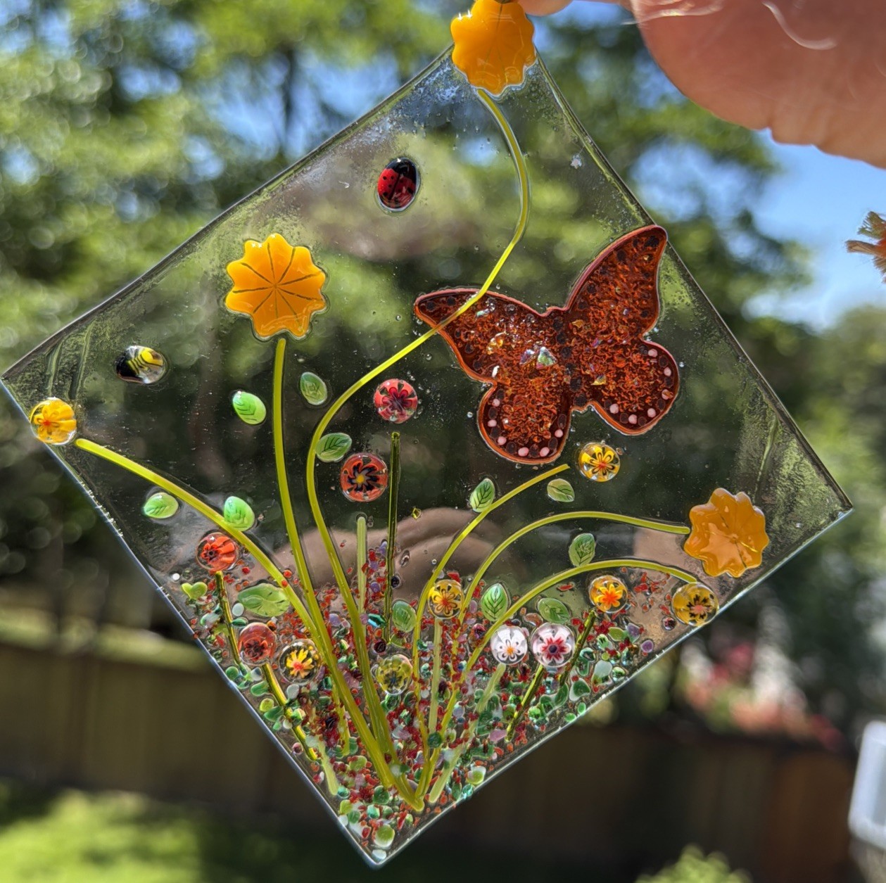 Fused Glass Handmade Diamond Shaped Multicolored Sun Catcher Signed By Artist