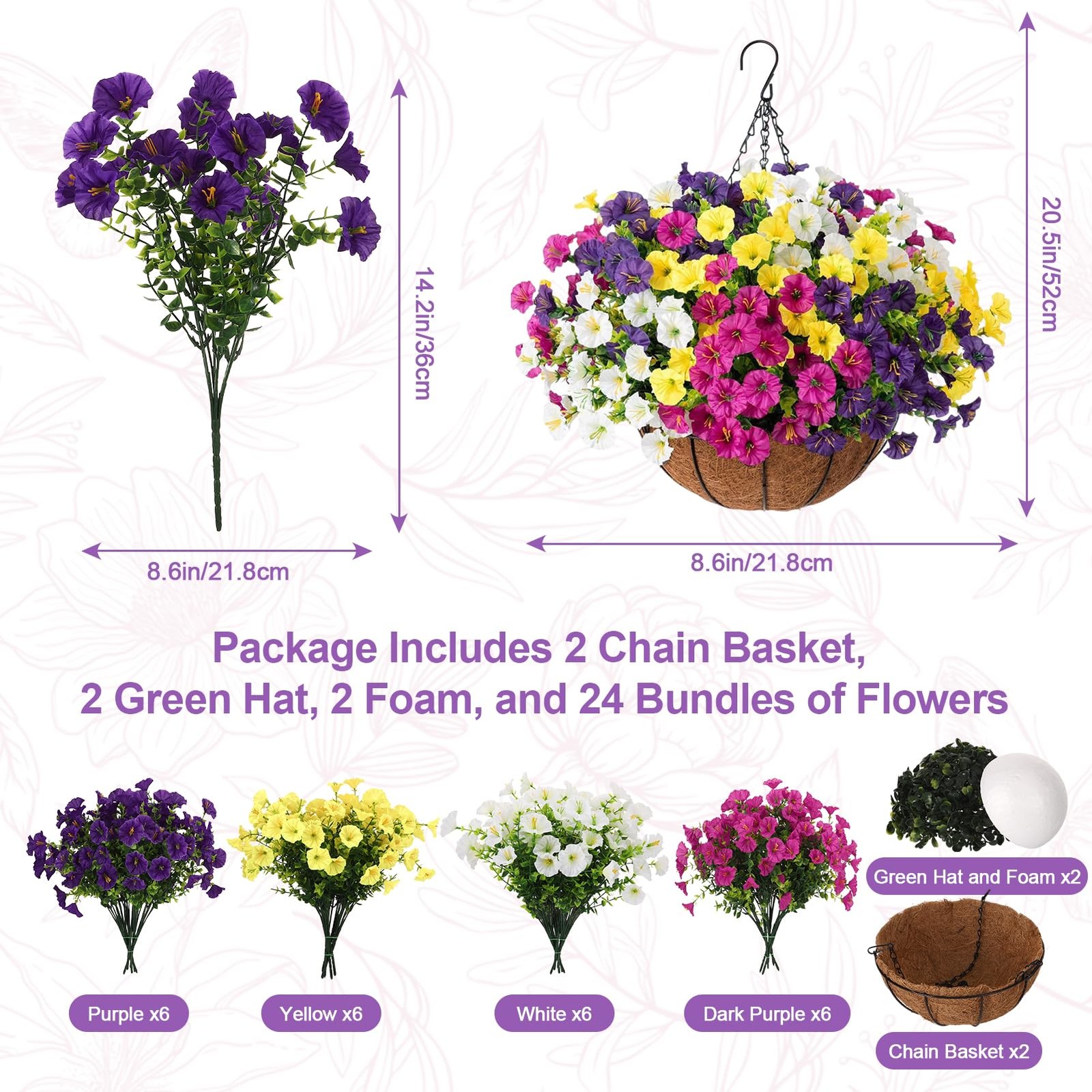 Ovveroche 2 Set Artificial Hanging Flowers Faux Plants Basket, Fake Silk Petu…