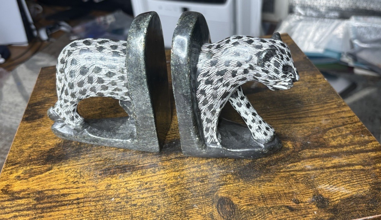 Pair of Vintage African Heavy Stone Cheetah Bookends Hand Carved 9in 3.25lb