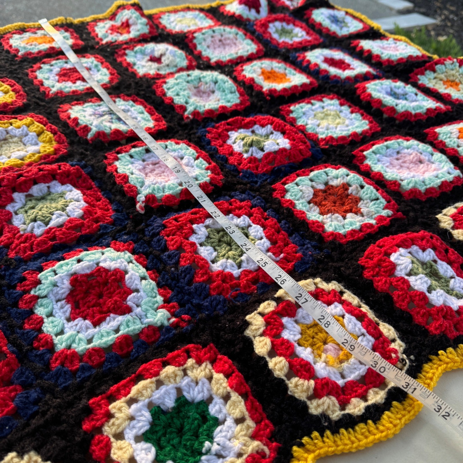 vintage Crochet Blanket 31×36″ Multicolor Granny Square Boho Cottagecore Retro