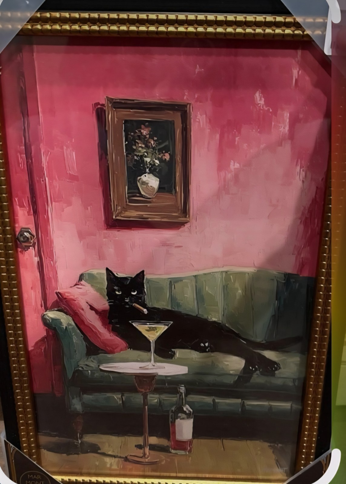 Framed Black and Gold Marmont Hill Cat/Cigar/Martini/Green Couch Wall Art New