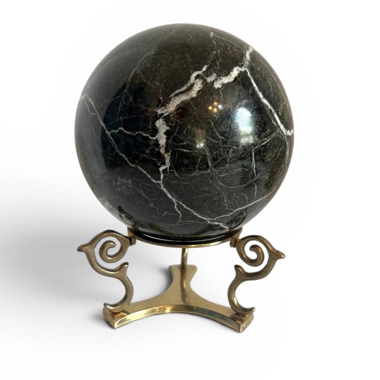 Vintage Large Black Marble Sphere + Scrolled Brass Tripod Stand Decorative Orb