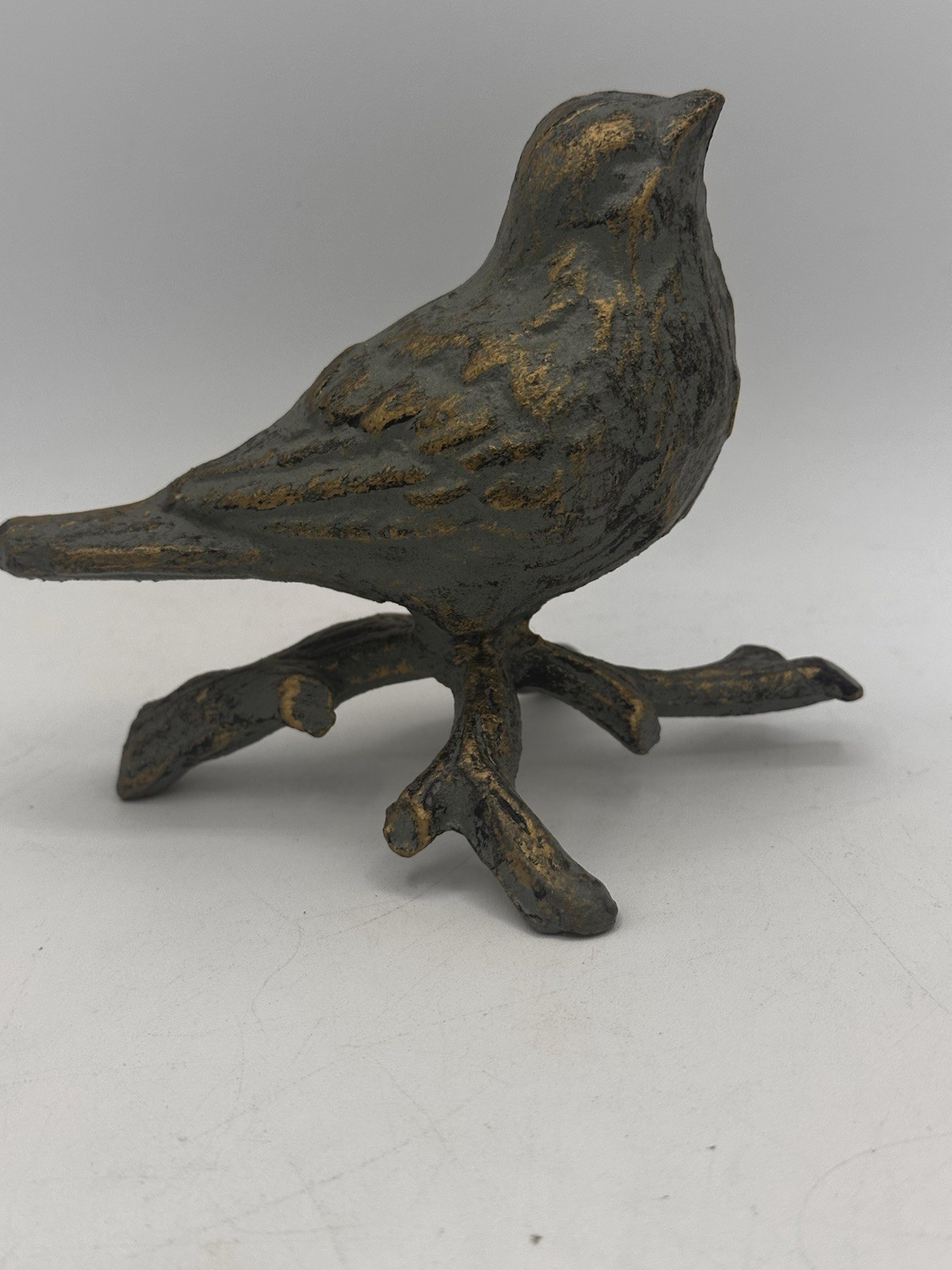 Bird on Branch Figurine Verdigris Antique Turquoise Cast Iron Paperweight Decor
