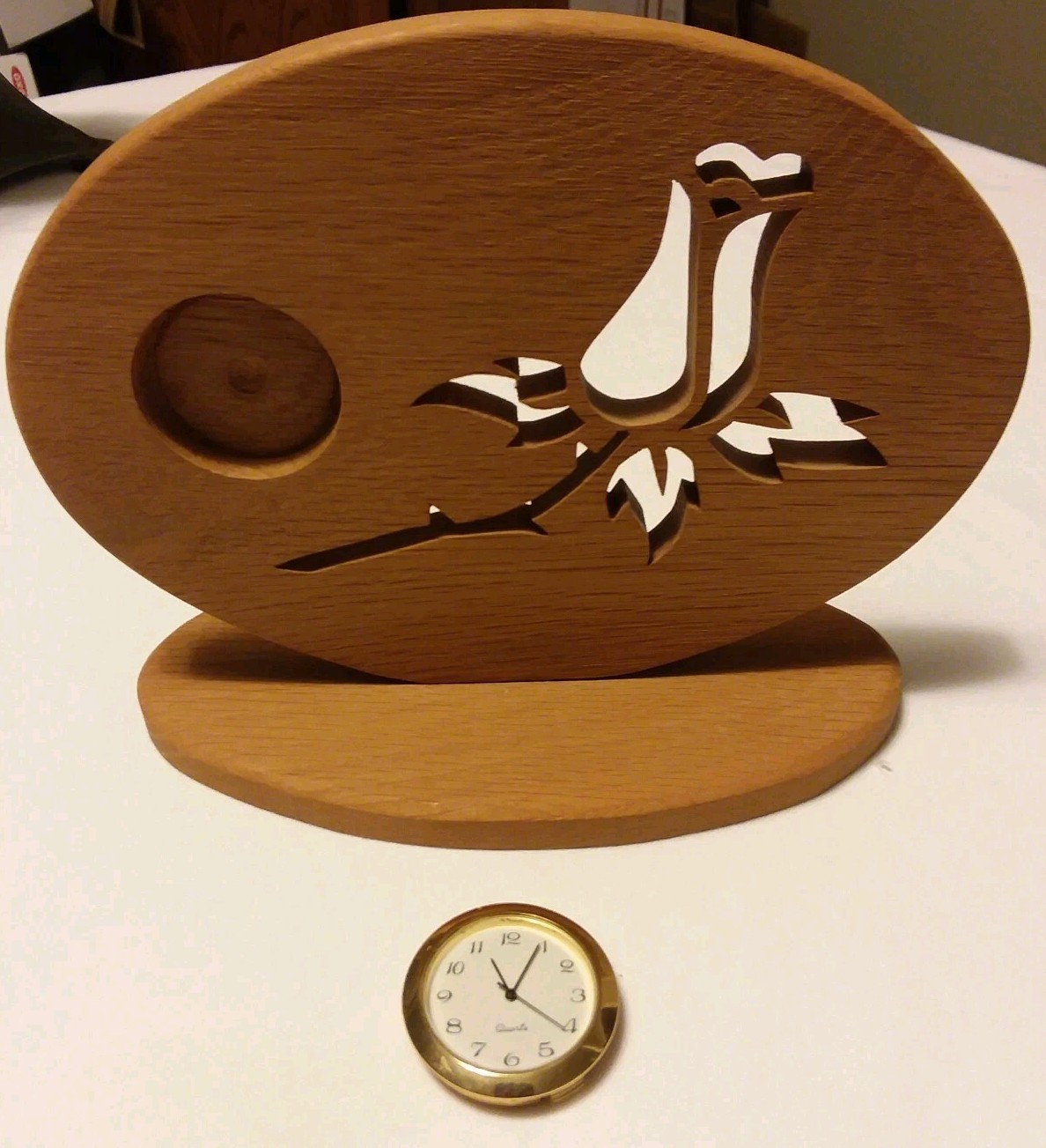 Wooden Clock On Stand w Carved Rose 6″ H x 6 3/4″ L x 3 1/2″ W Works Great