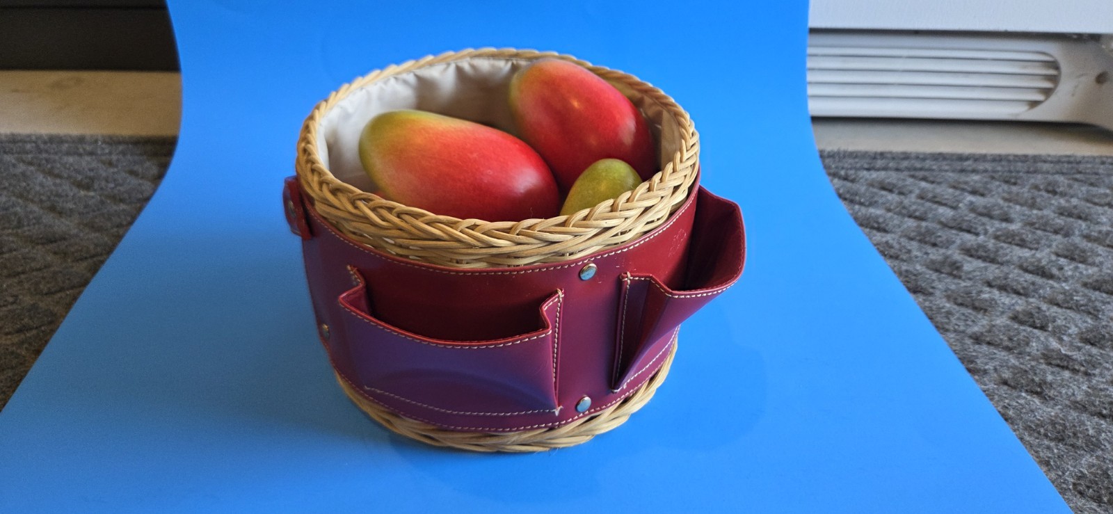 Round Wicker Decorative Basket with Red Leather Trim, Handle, 3 Compartments