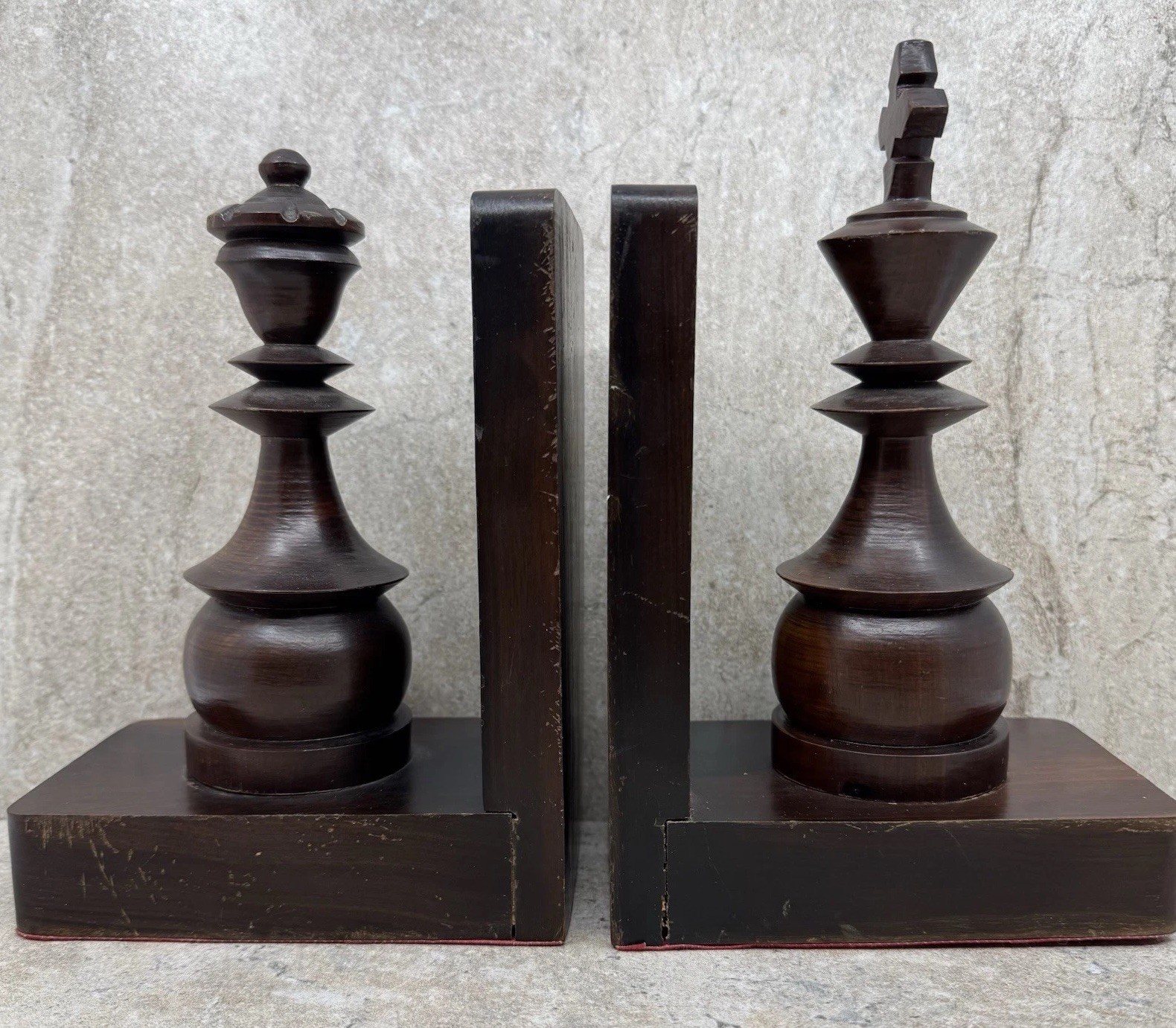 Vintage Mid-Century Mahogany Chess Piece Bookends – King & Queen Pair RARE HTF