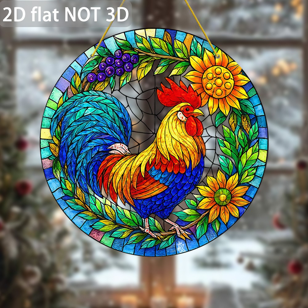 2D Flat Acrylic Rooster Sunflower Suncatcher Colorful Farm Animal Window Decor