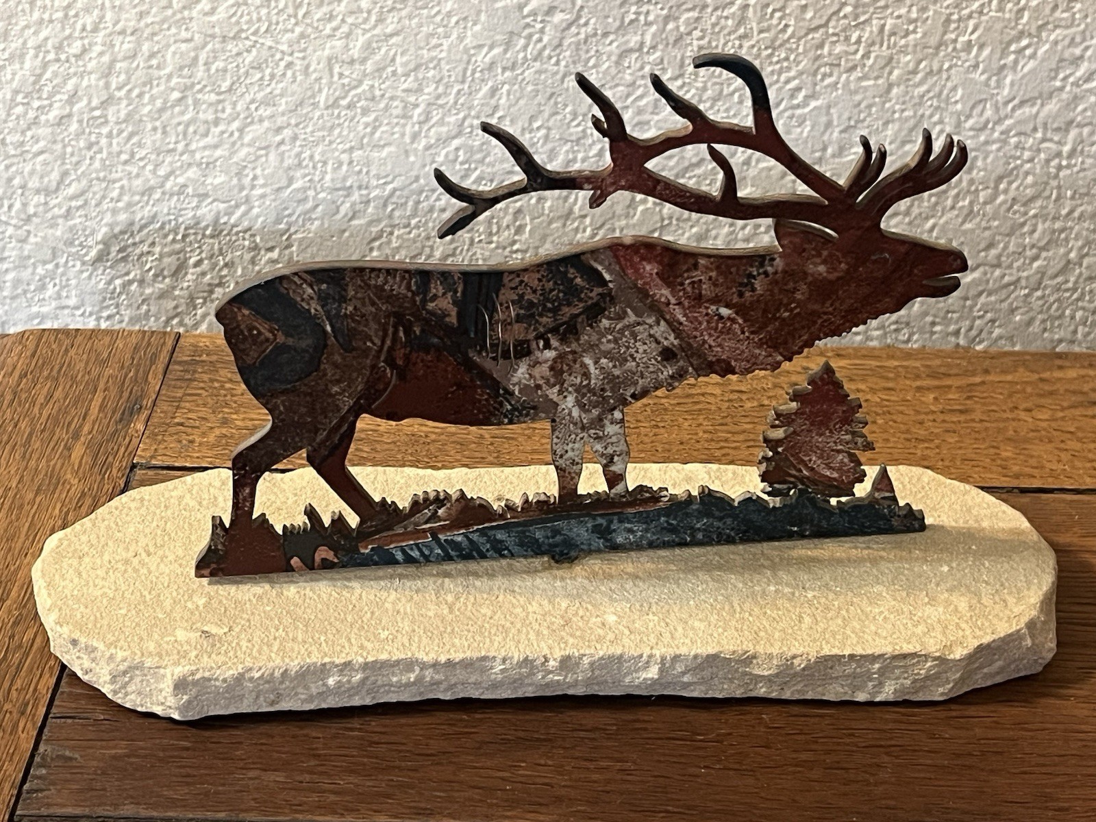 Rustic Metal Elk Sculpture on Stone Base Cabin Lodge Decor Deer Wildlife