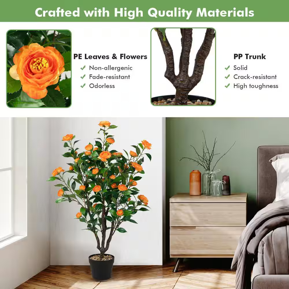 40 In. Green and Yellow Indoor Outdoor Decorative Artificial Camellia Tree in Po