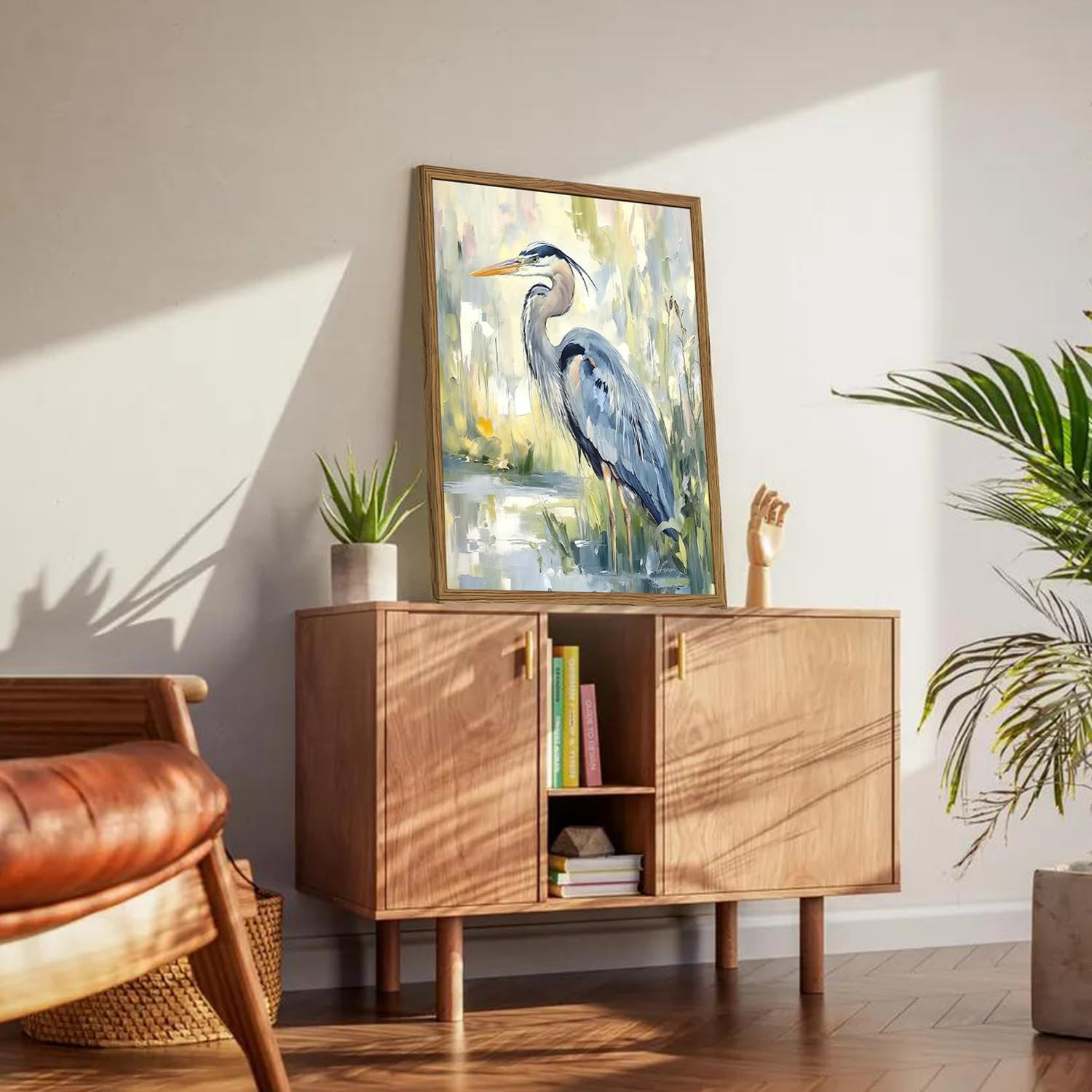 Framed Blue Heron Wall Art, Watercolor Sea Bird Pictures Wall Decor, 16X24 Inch