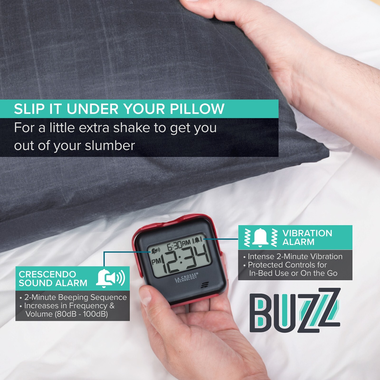 617-147 La Crosse Technology BUZZ Vibration Battery Powered Digital Alarm Clock