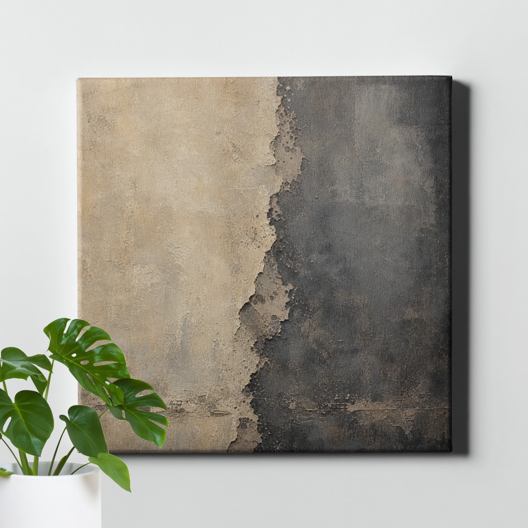 Textured Abstract Split Canvas Print Neutral Beige Charcoal Two Tone