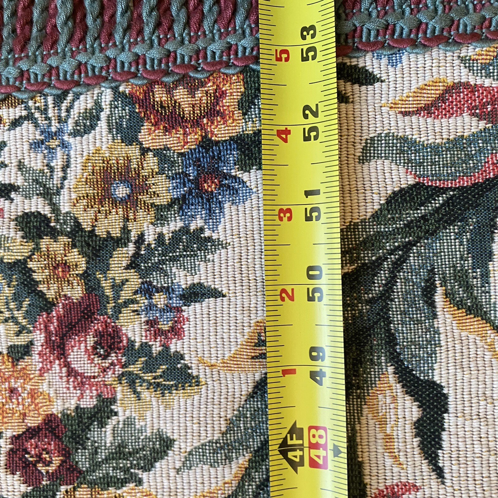 French Tapestry D’Halluin Fringe Border Musical Instruments & Floral Pattern 53”