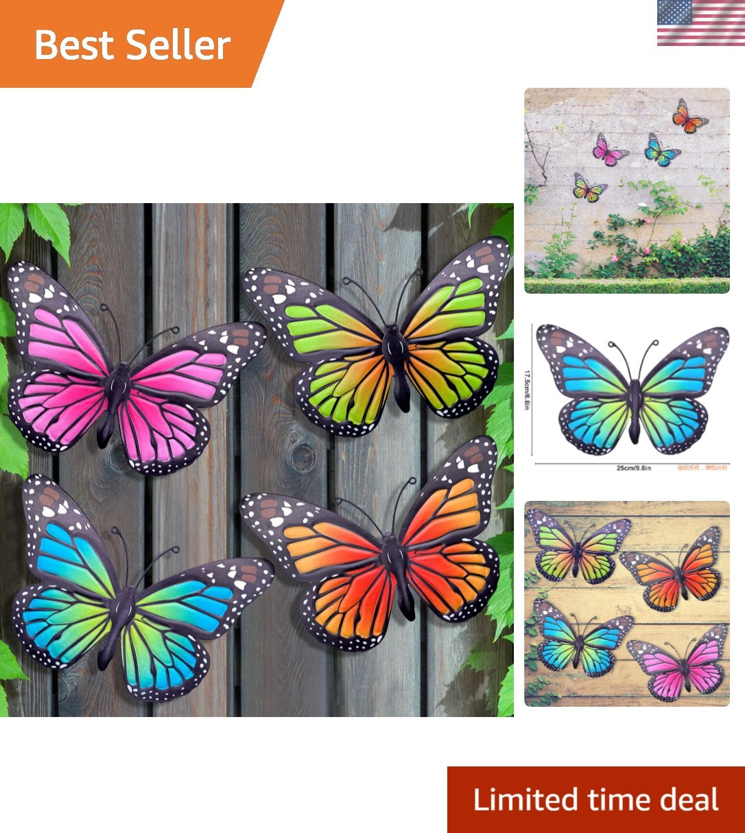 Vibrant 9.8in Iron Butterflies – 4-Piece Weatherproof Wall Art for Living Spaces
