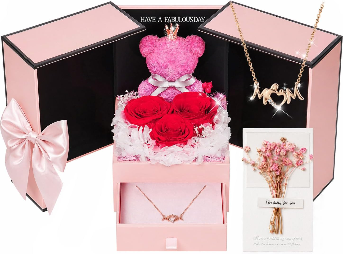 Gifts for Mom Mothers Day Birthday – Elegant Preserved Roses with Teddy Bear and