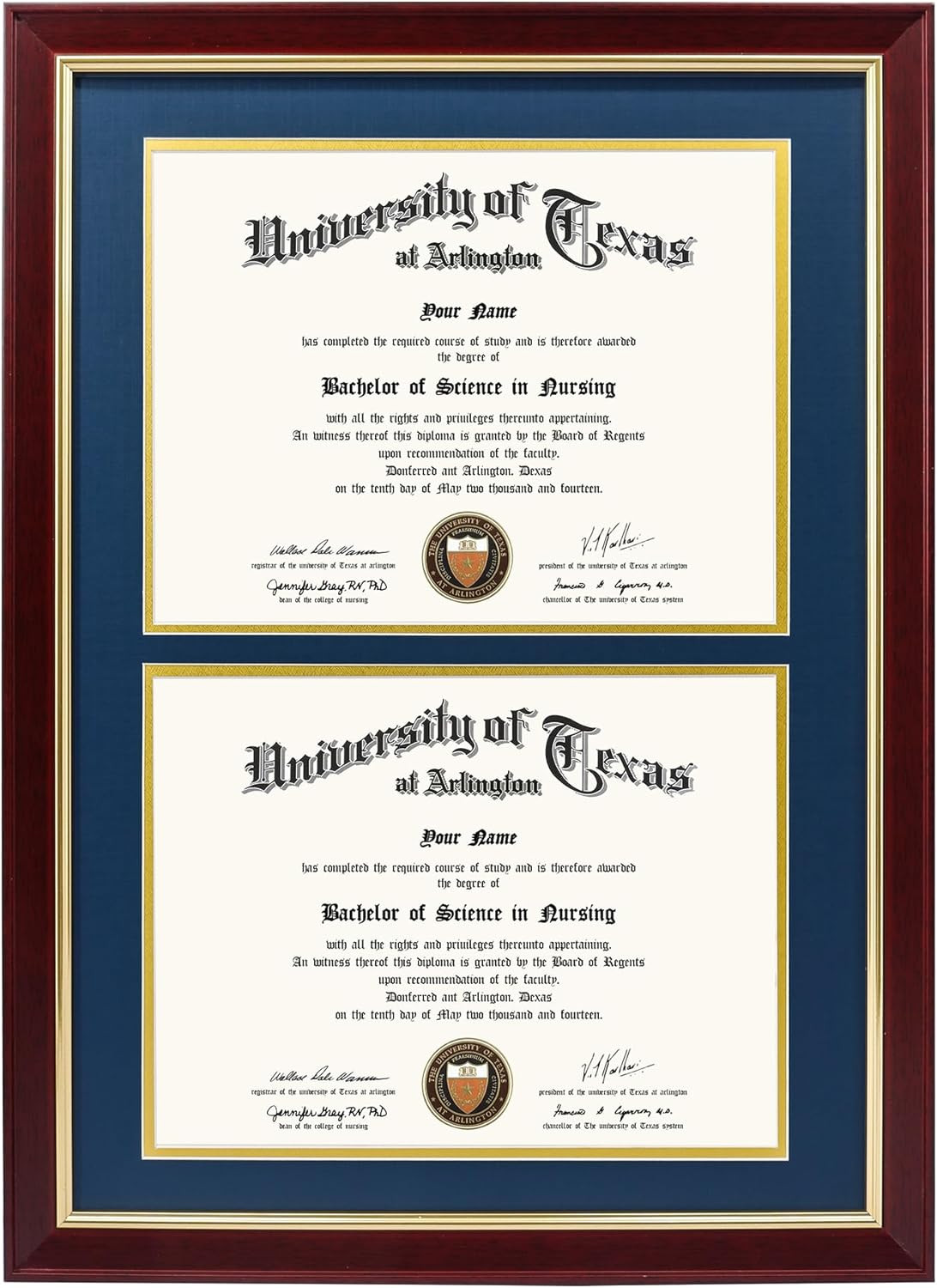 Elegant Double Diploma Frame for Two 8.5×11 Certificates, Navy & Gold Trim