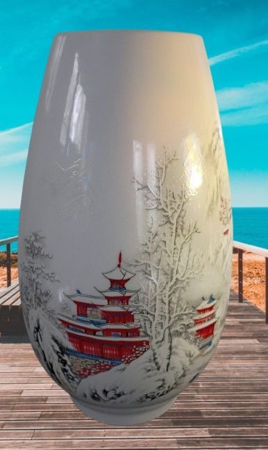 Chinese Snowy Mountain Village Vase / Height 9 inches / TM 809