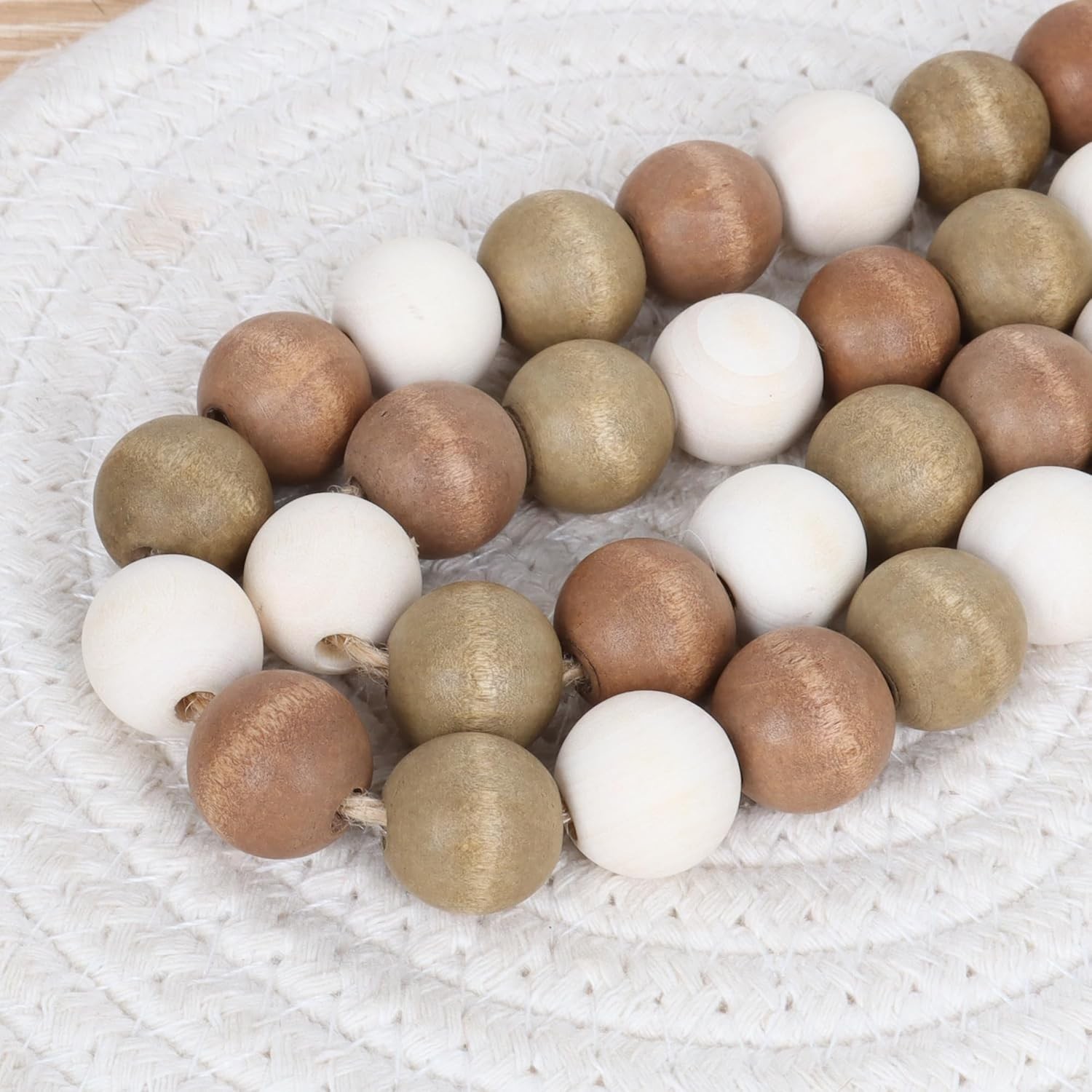 Wood Bead Garland, 39in Farmhouse Beads with Tassels for Tiered Tray Decor