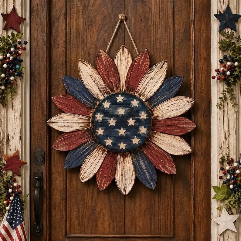 USA 250th Anniversary Patriotic Wood Door Hanger, American Flag Floral