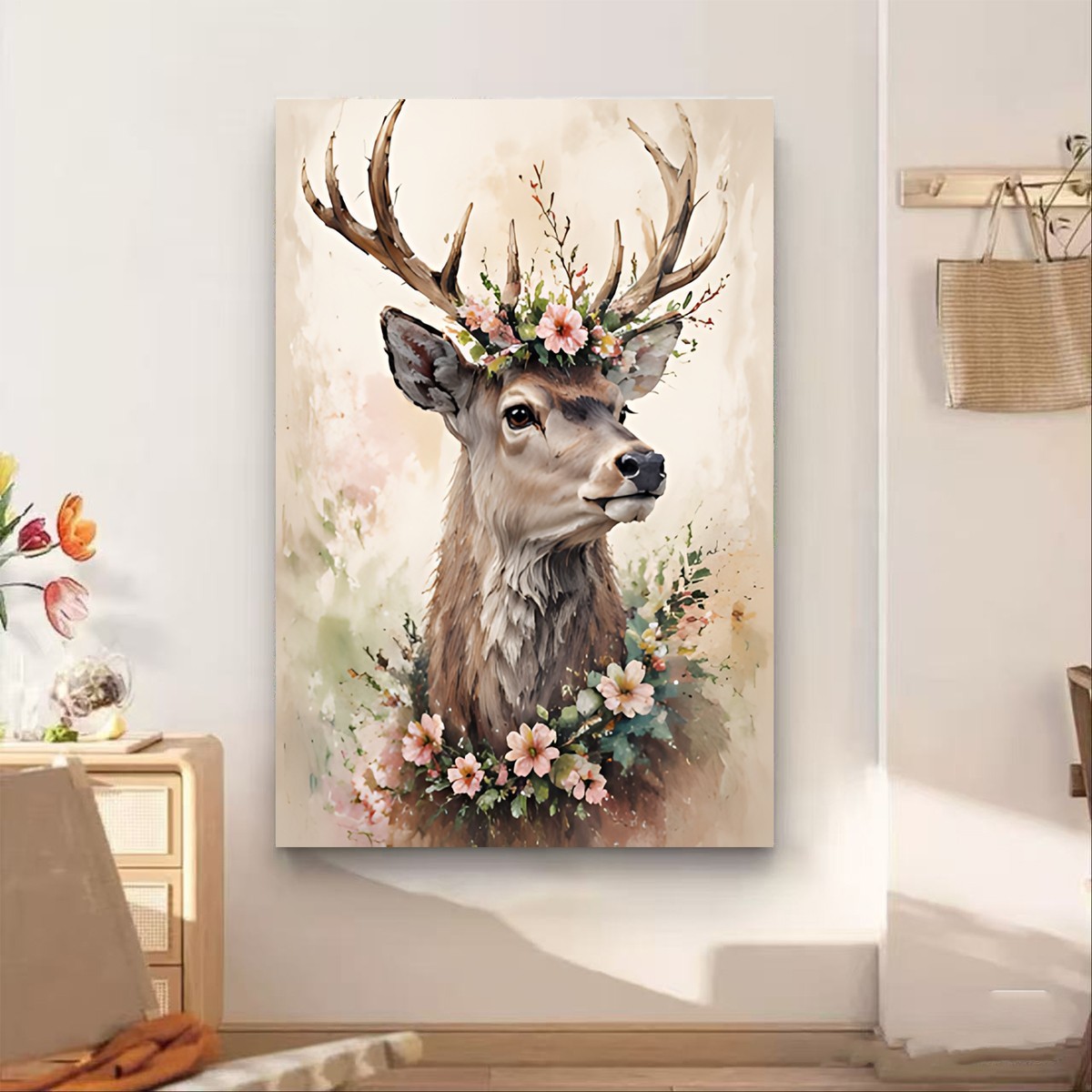 Watercolor Deer Canvas Art, Floral Antlers, Custom Cottage core Gift