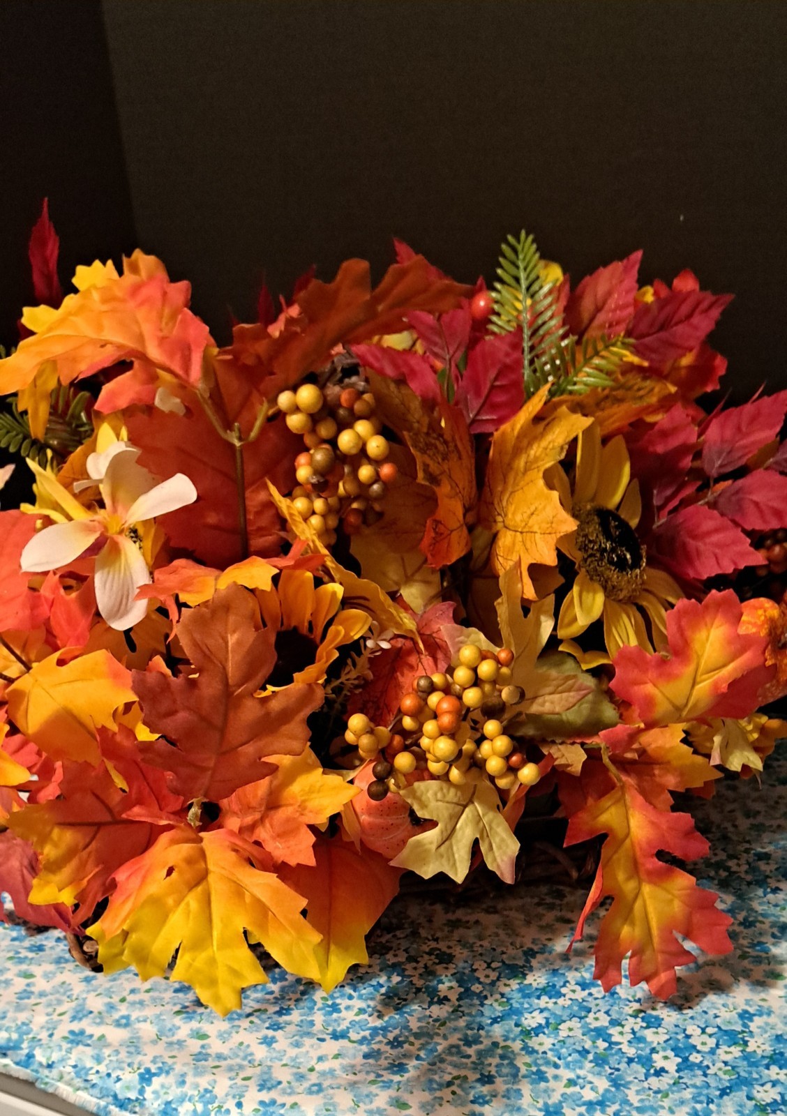 Fall Bouquet In Grapevine Basket Silk flowers Leaves And Berries 17″ X 18″ X 10″
