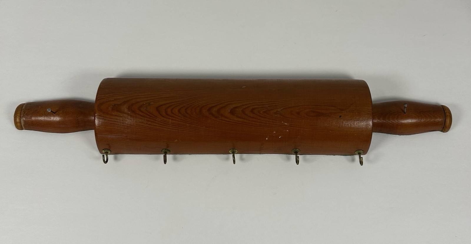VTG Wooden Rolling Pin With Hooks Wall Decor Hanging Felt Back Cottage Country