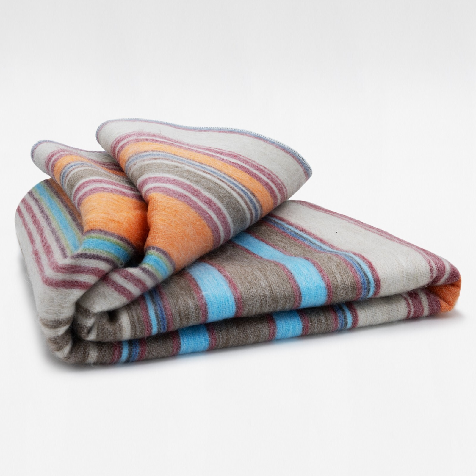 LUXURIOUS STRIPED ALPACA WOOL BLANKET 96×67 in MULTICOLOR ORANGE BLUE TAUPE