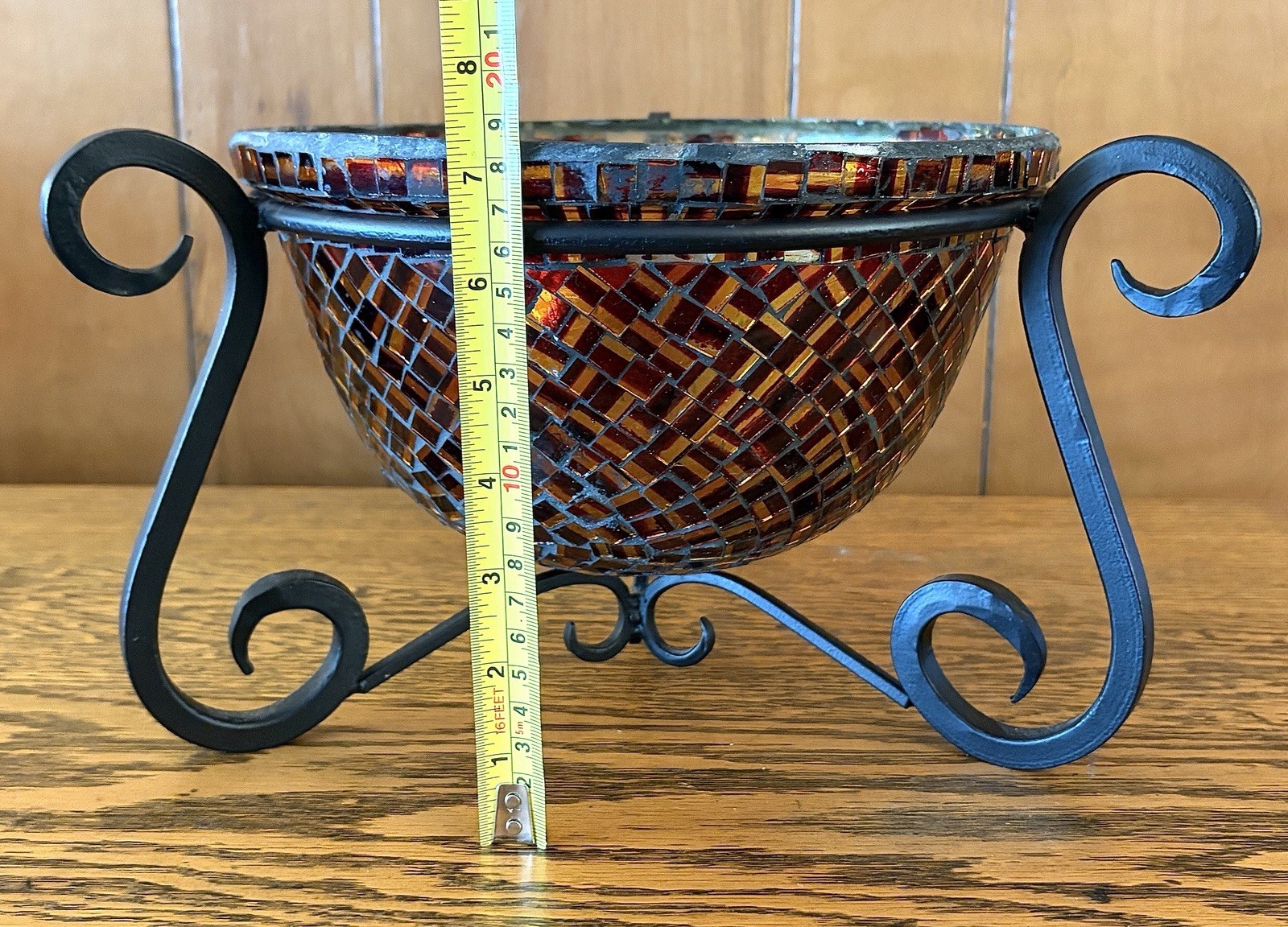 Red/Gold Mosaic Hand Placed Glass Tiles Decorative Bowl Wrought Iron Stand NICE!
