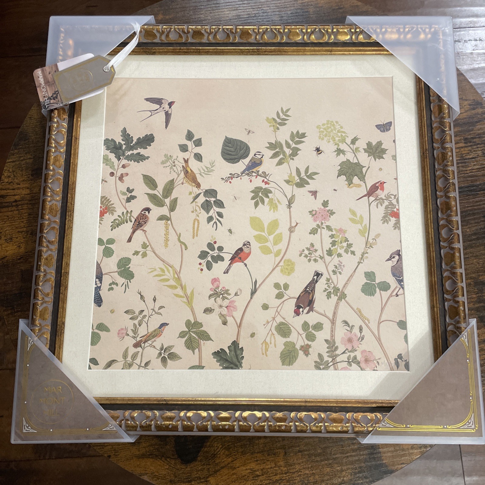 Gold Framed Botanical Bird Wall Art 15×15 inches New Unopened