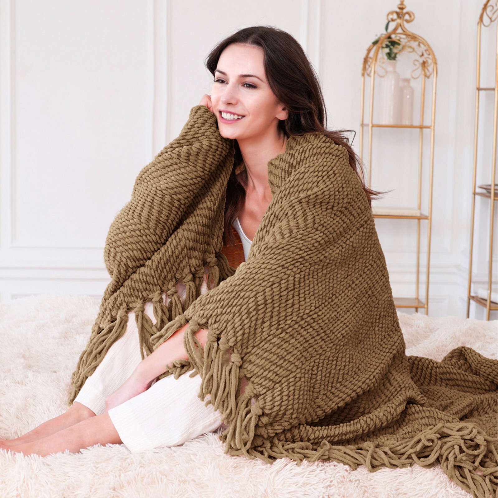 Knitted Throw Blanket with Tassels Tweed Textured Lightweight Throws for Couch