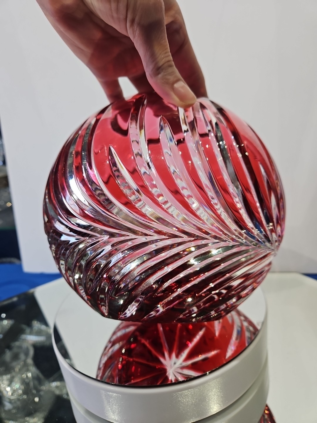 6″ Rose Globe Bowl Vase, Glass Cranberry Red Pink Cut to clear Crystal Lausitzer