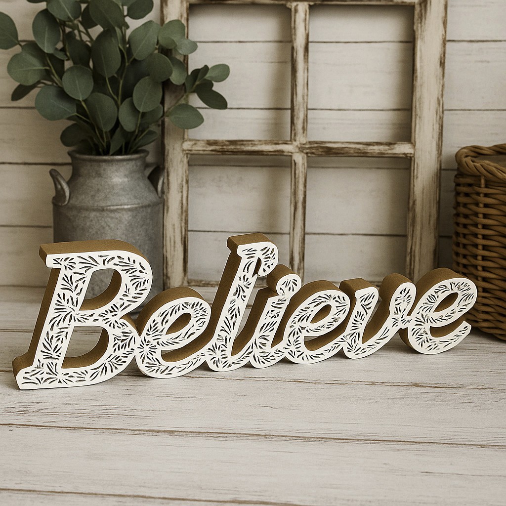 Believe Floral Wooden Wall Sign – Inspirational Word Rustic Spiritual Boho Décor