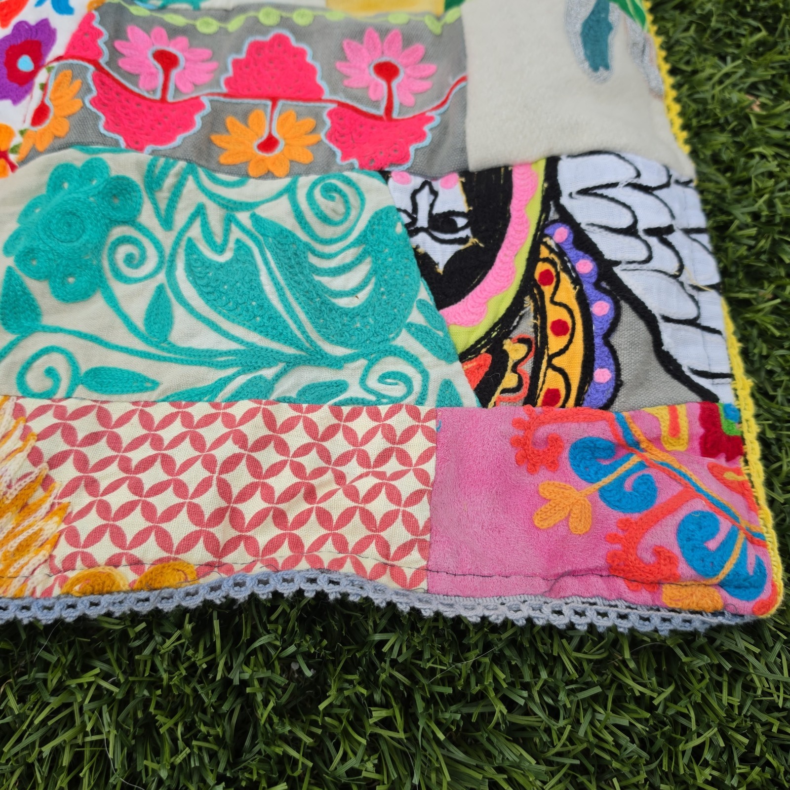 Karma Living Patchwork Throw Blanket Embroidered Floral Whimsical Boho Eclectic