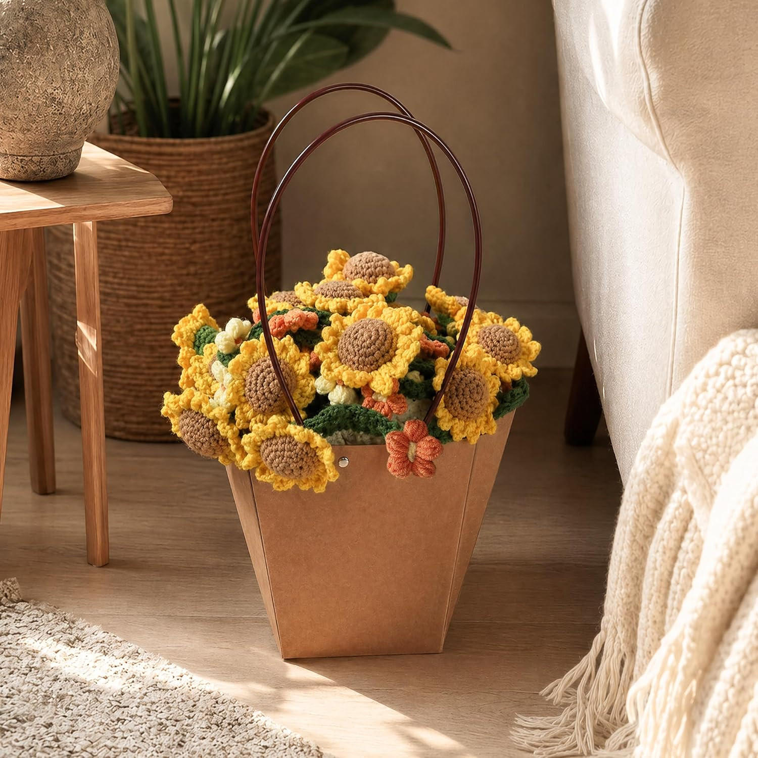 Knitted Flower Throw Floral Bouquet Blanket, 43Inch Handmade Crochet Blanket wit