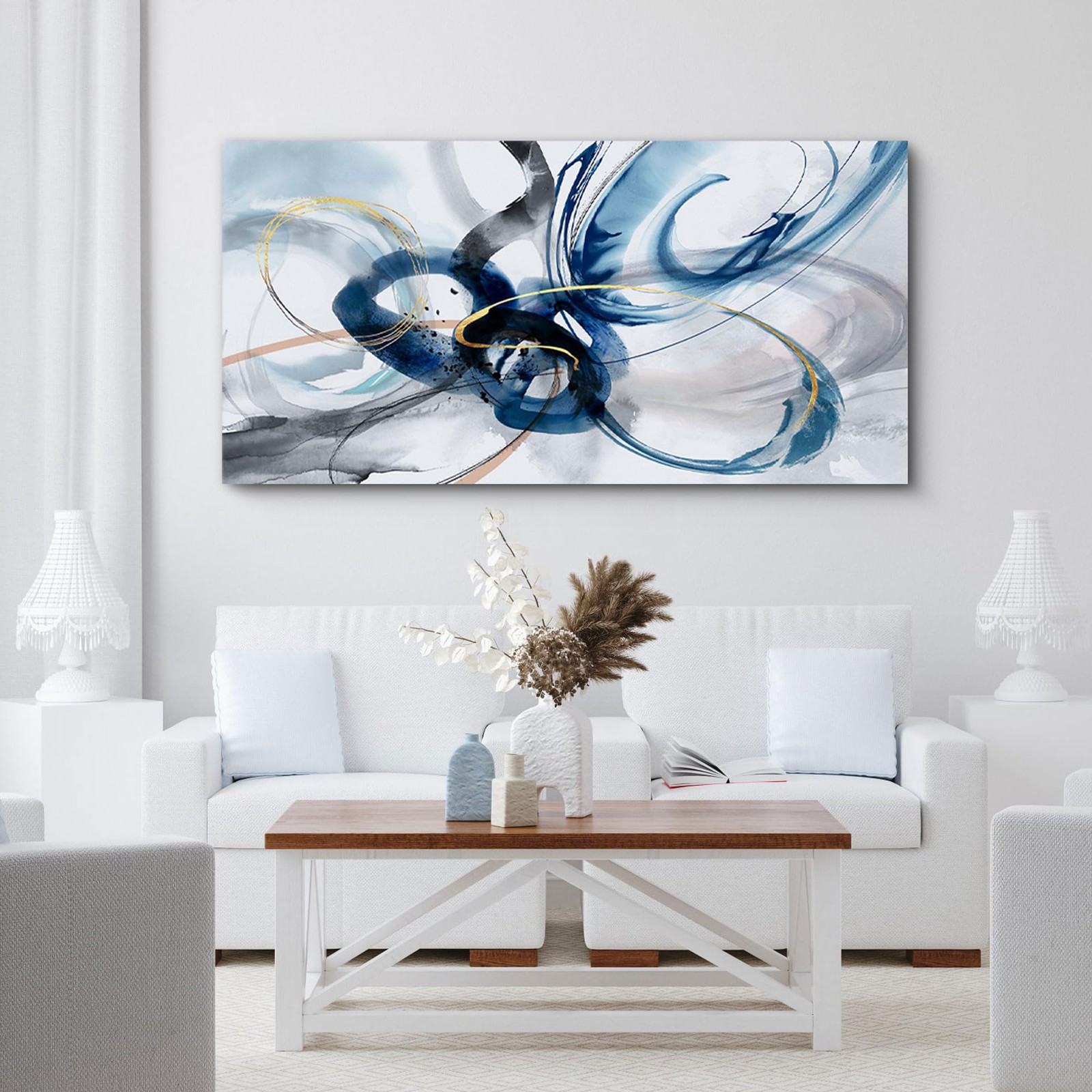 Modern Large Abstract Wall Art – Bright and Bold Line Design – Blue and White…