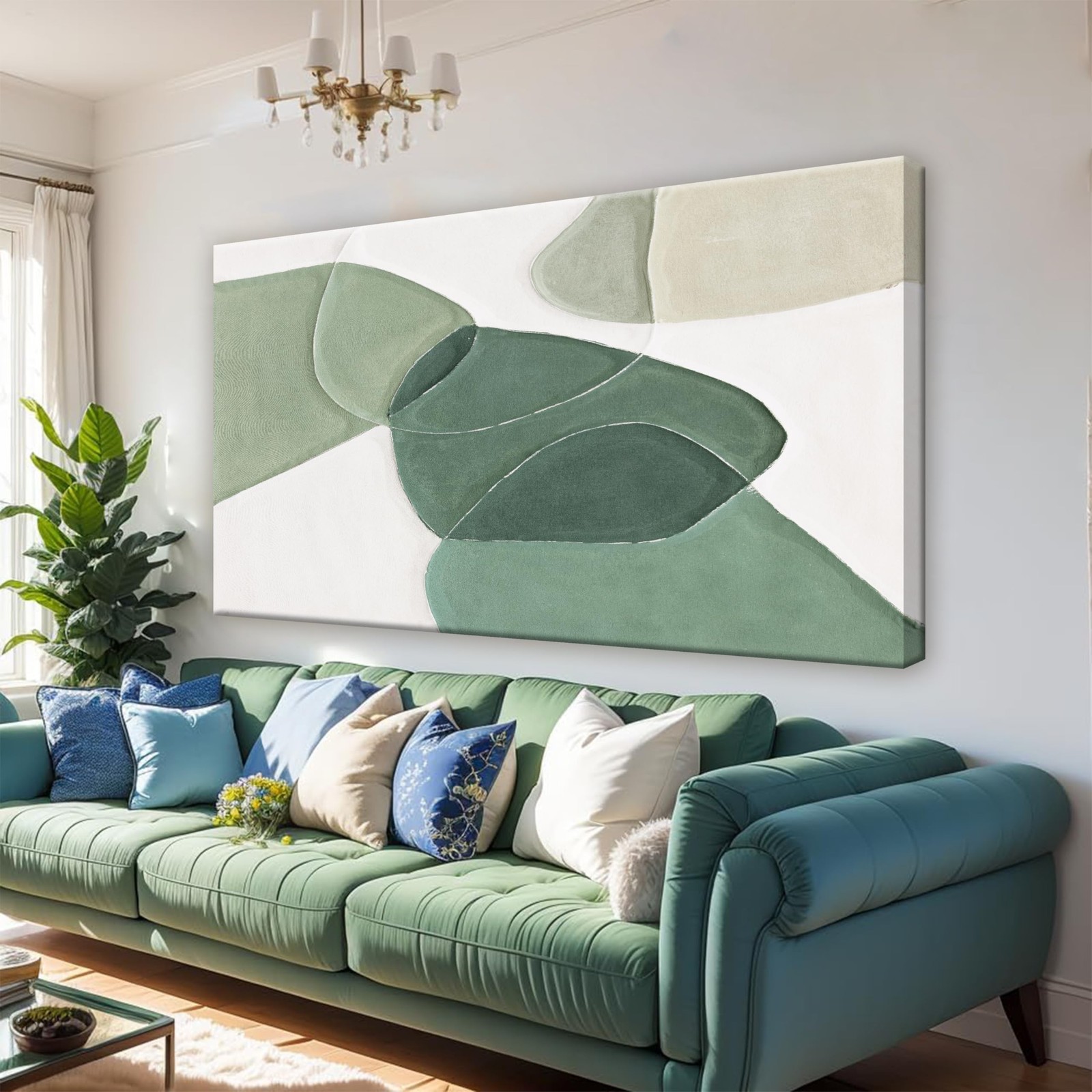 QSQ Modern Wall Art Large Green And White Geometric Color Block Line Wall Pai…