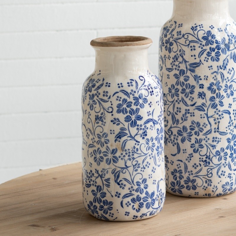 Flower Vase Bottle Desk Decor Blue Traditional Floral Motifs 6.3″x15.2″ Ceramic