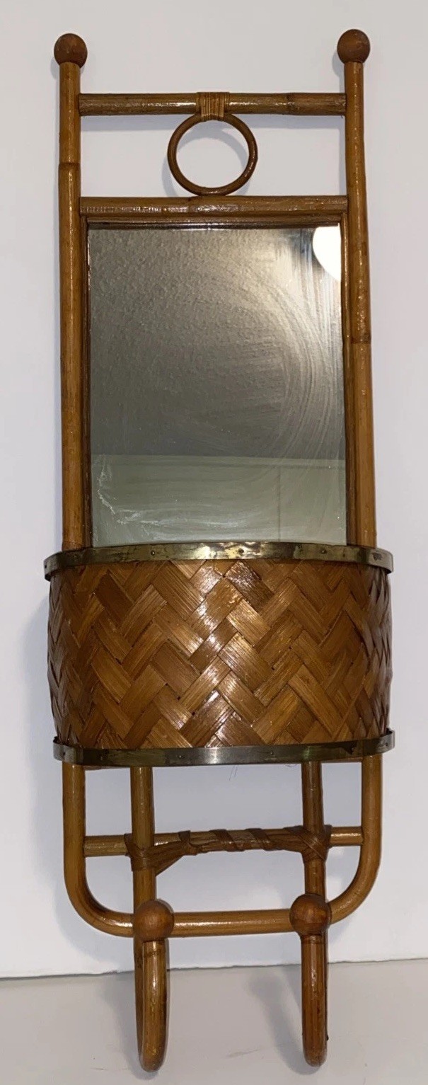 Vintage Rattan, Bamboo, Wicker Wall Mirror W Shelf Boho Tropical