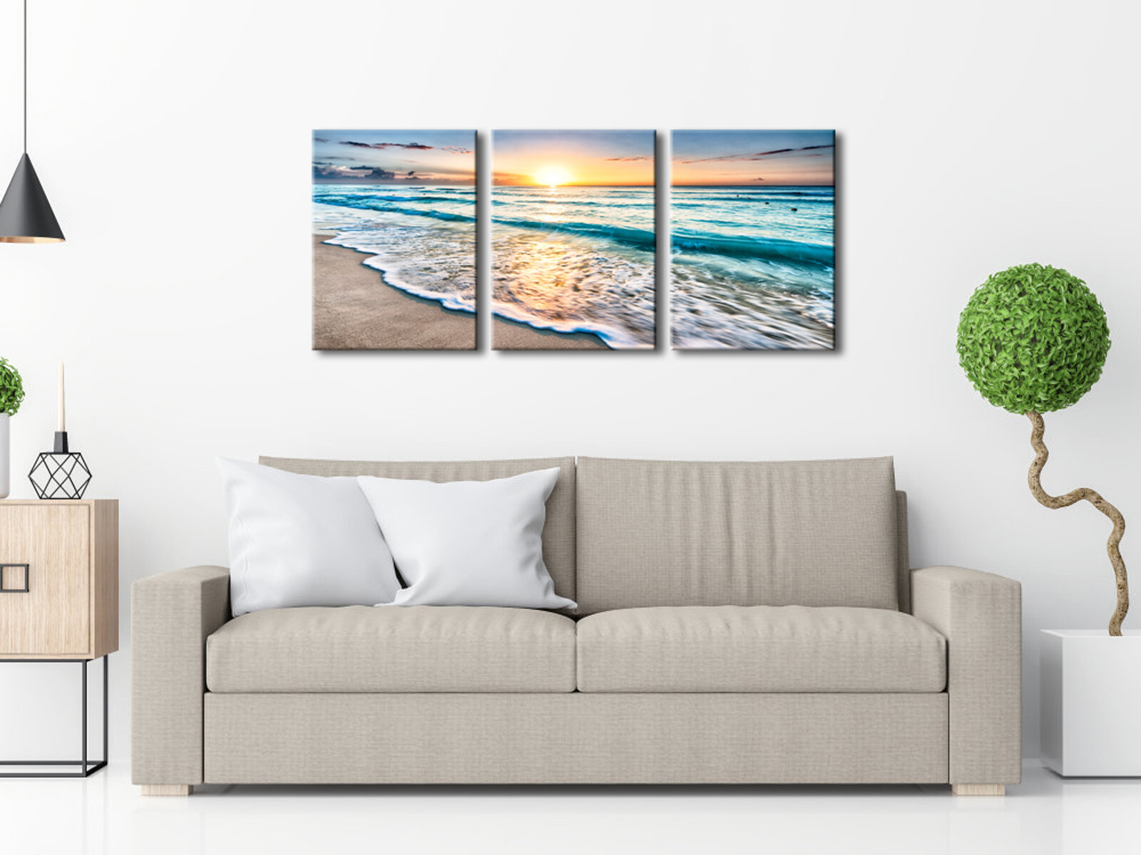 3 Panels Blue Beach Sunrise White Wave Pictures Painting on Canvas Wall Art