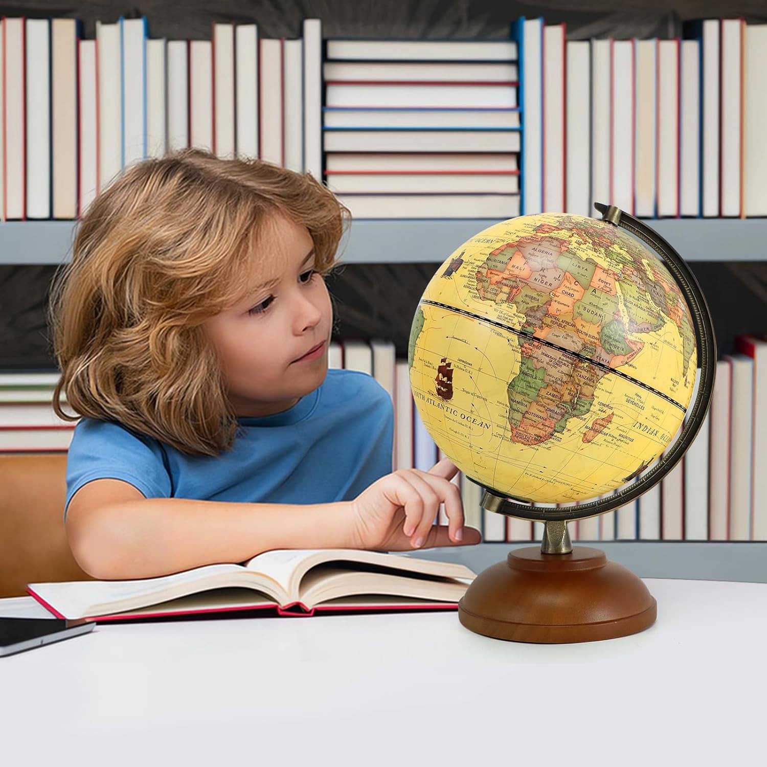 Illuminated World Globe with Wood Stand, 8” Vintage Globes for Adults, Light Up