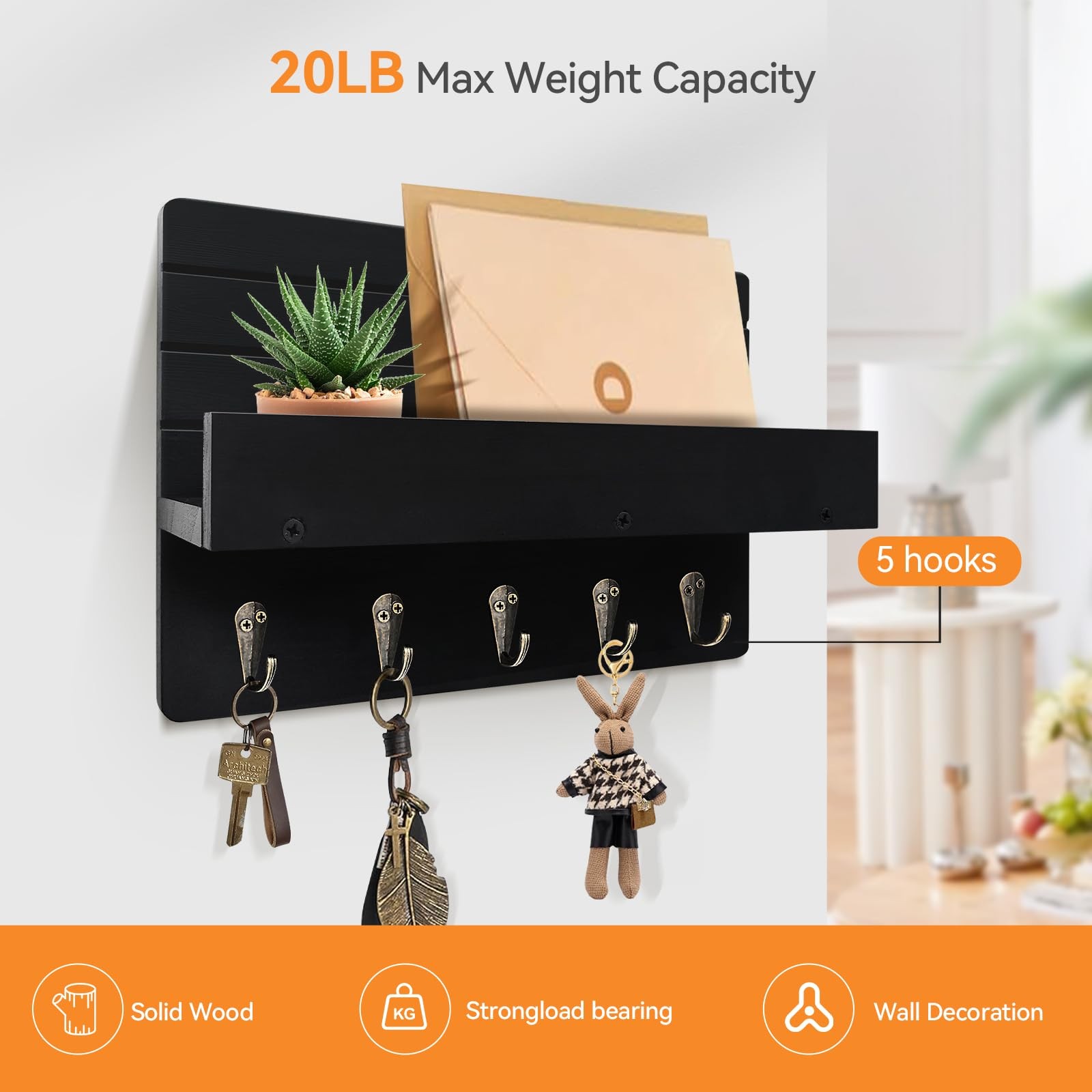KISENG Key Holder Wall Mount, Rustic Key Hooks for Wall with Shelf for Mail